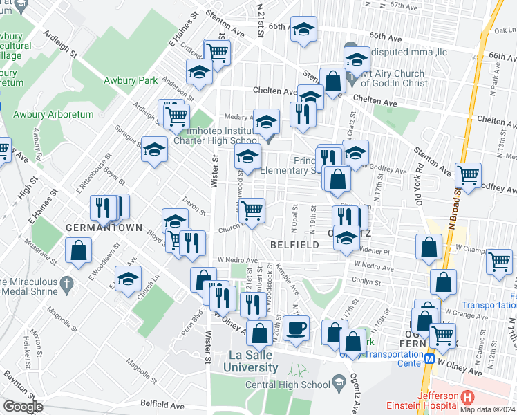 map of restaurants, bars, coffee shops, grocery stores, and more near 2041 Church Lane in Philadelphia