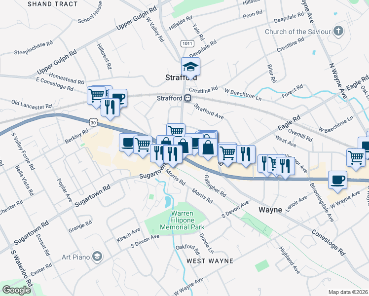 map of restaurants, bars, coffee shops, grocery stores, and more near 523 West Lancaster Avenue in Wayne