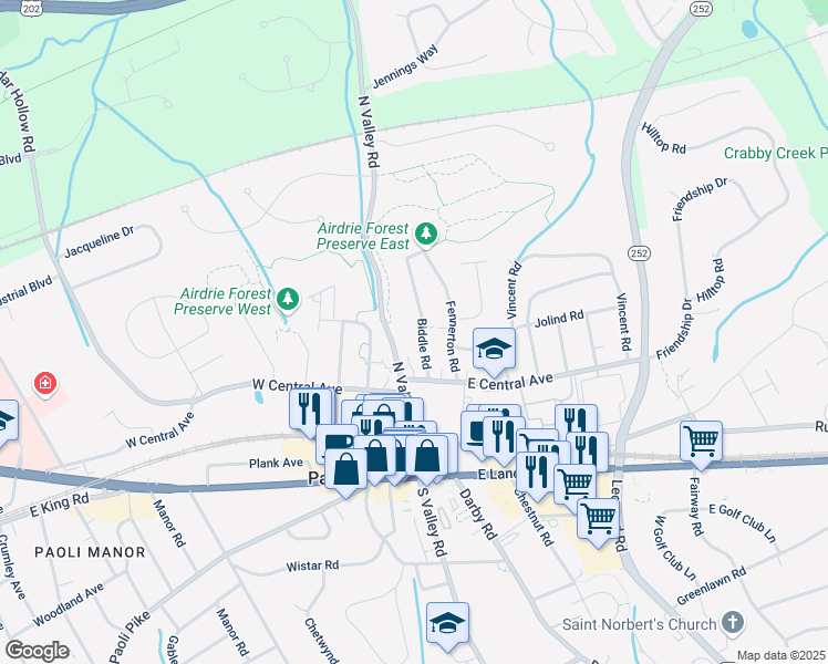 map of restaurants, bars, coffee shops, grocery stores, and more near 10 East Central Avenue in Paoli