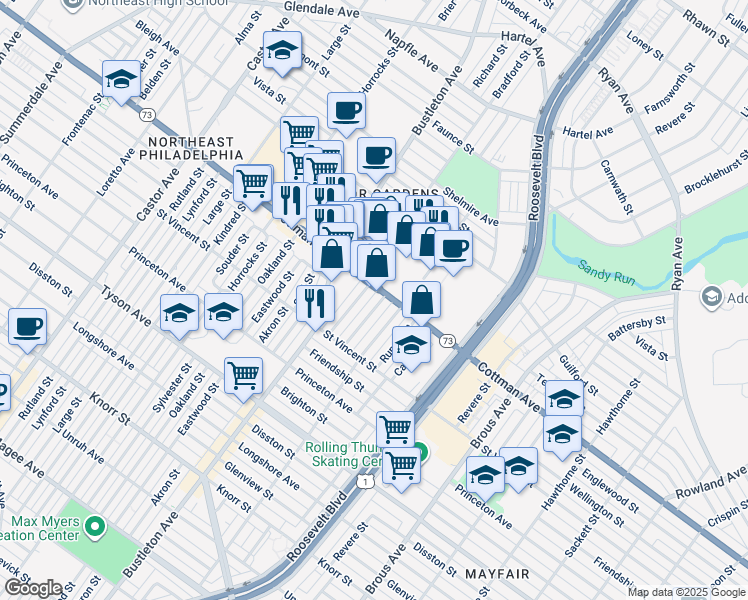 map of restaurants, bars, coffee shops, grocery stores, and more near 7266 Hanford Street in Philadelphia