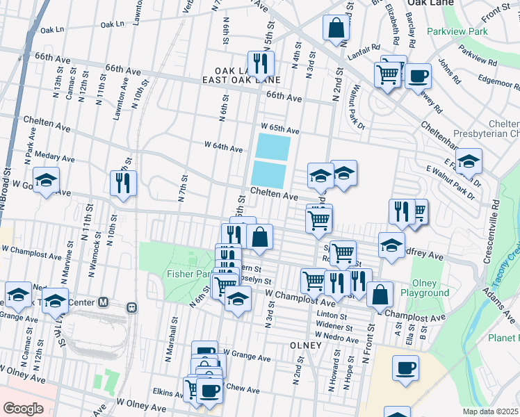map of restaurants, bars, coffee shops, grocery stores, and more near 6233 North Lawrence Street in Philadelphia
