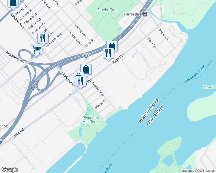 map of restaurants, bars, coffee shops, grocery stores, and more near 53301 Delaire Landing Road in Philadelphia