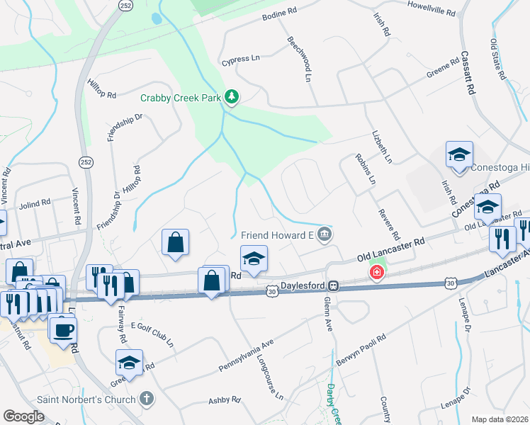 map of restaurants, bars, coffee shops, grocery stores, and more near 87 Birch Lane in Paoli