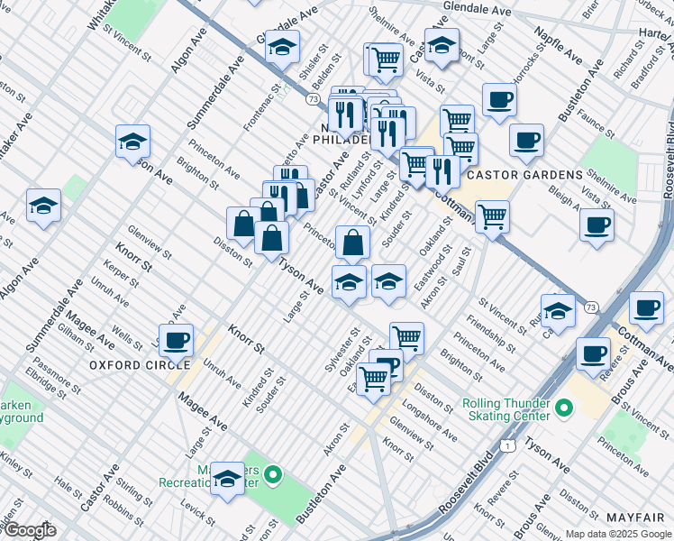 map of restaurants, bars, coffee shops, grocery stores, and more near 7032 Kindred Street in Philadelphia