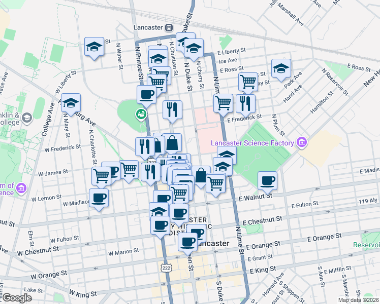 map of restaurants, bars, coffee shops, grocery stores, and more near 530 North Queen Street in Lancaster
