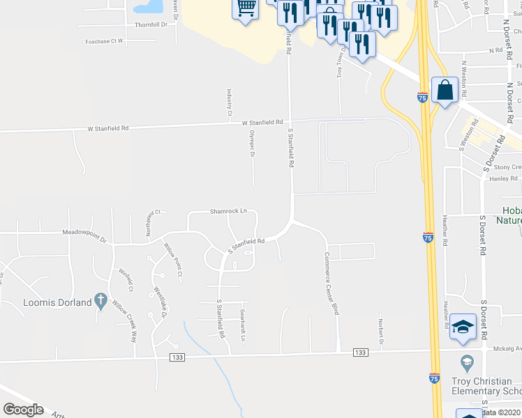 map of restaurants, bars, coffee shops, grocery stores, and more near 2221 Shamrock Lane in Troy