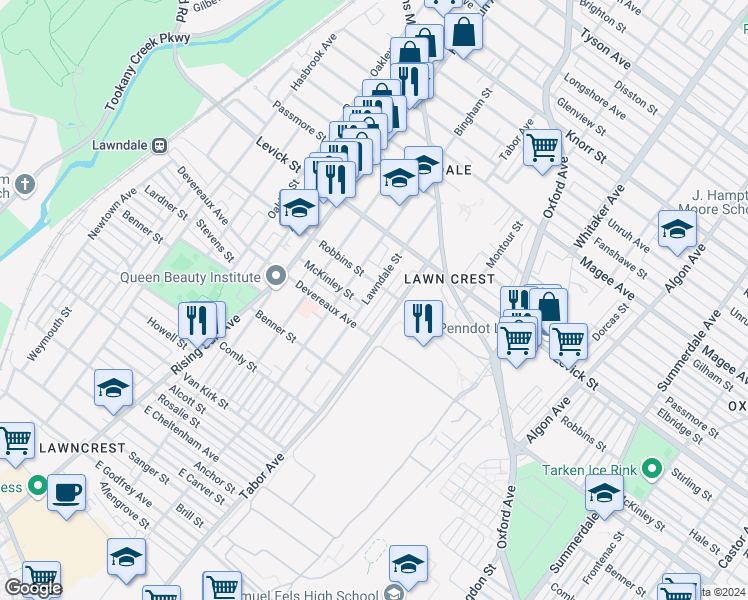 map of restaurants, bars, coffee shops, grocery stores, and more near 6239 Lawndale Street in Philadelphia