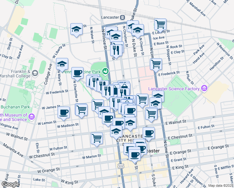 map of restaurants, bars, coffee shops, grocery stores, and more near 512 North Market Street in Lancaster
