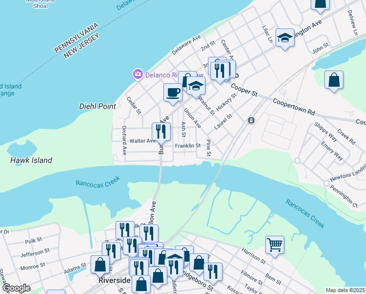 map of restaurants, bars, coffee shops, grocery stores, and more near 310 Ash Street in Riverside