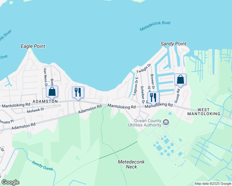 map of restaurants, bars, coffee shops, grocery stores, and more near 67 Nejecho Drive in Brick Township