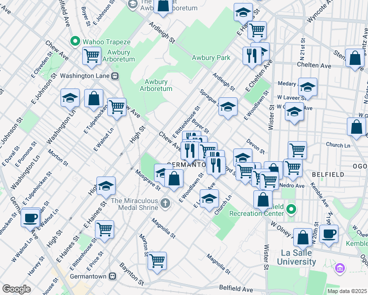 map of restaurants, bars, coffee shops, grocery stores, and more near 5733 Chew Ave in Philadelphia