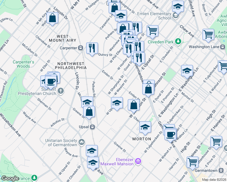 map of restaurants, bars, coffee shops, grocery stores, and more near 222 West Hortter Street in Philadelphia