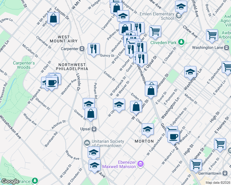 map of restaurants, bars, coffee shops, grocery stores, and more near 222 West Hortter Street in Philadelphia