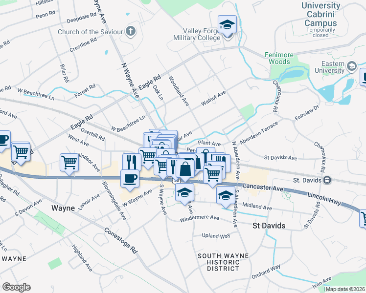 map of restaurants, bars, coffee shops, grocery stores, and more near 124 Poplar Avenue in Wayne