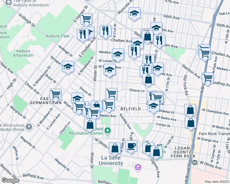 map of restaurants, bars, coffee shops, grocery stores, and more near 2037 Church Lane in Philadelphia