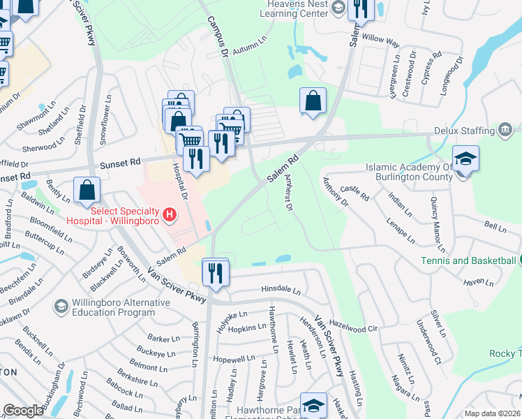 map of restaurants, bars, coffee shops, grocery stores, and more near in Burlington Township
