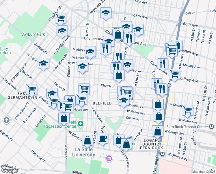 map of restaurants, bars, coffee shops, grocery stores, and more near 6050 North 19th Street in Philadelphia