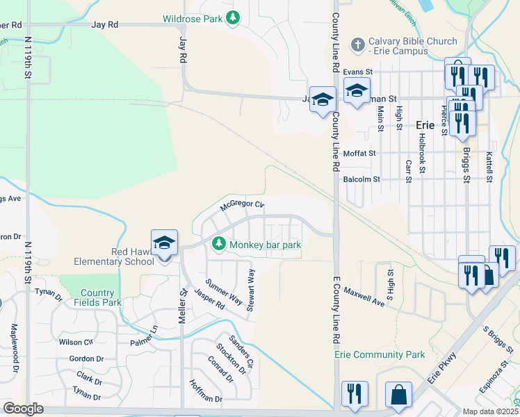 map of restaurants, bars, coffee shops, grocery stores, and more near 1201 McGregor Circle in Erie