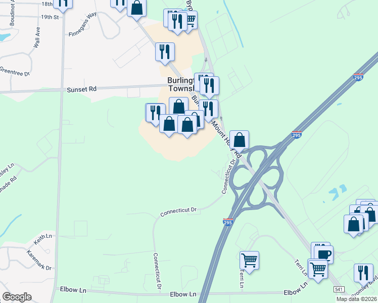 map of restaurants, bars, coffee shops, grocery stores, and more near 2200 Mount Holly Road in Burlington Township