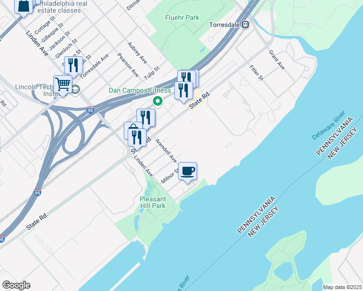 map of restaurants, bars, coffee shops, grocery stores, and more near 50203 Delaire Landing Road in Philadelphia