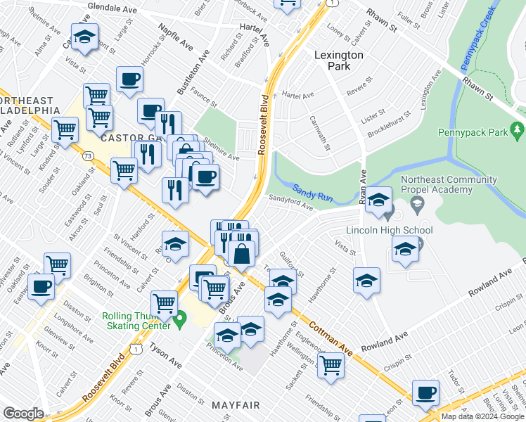map of restaurants, bars, coffee shops, grocery stores, and more near 7409 Roosevelt Boulevard in Philadelphia