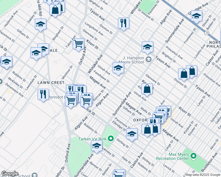 map of restaurants, bars, coffee shops, grocery stores, and more near 1024 Fanshawe Street in Philadelphia