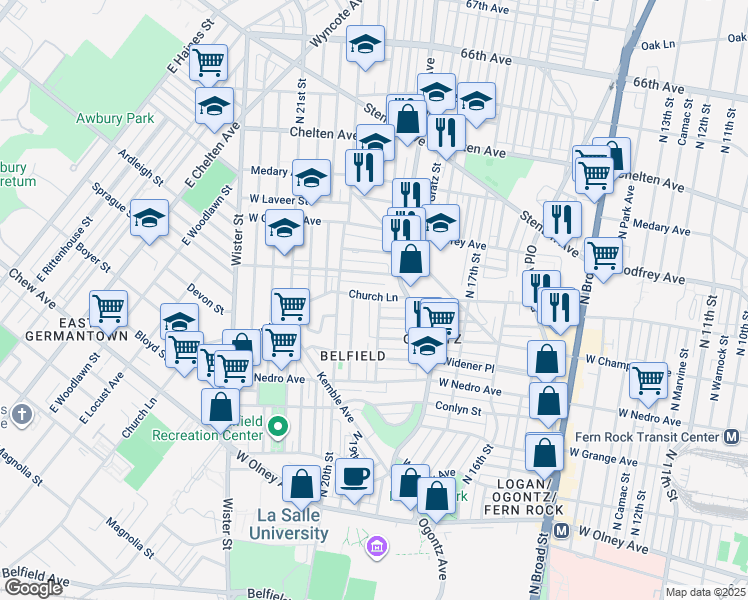 map of restaurants, bars, coffee shops, grocery stores, and more near 6050 North 19th Street in Philadelphia