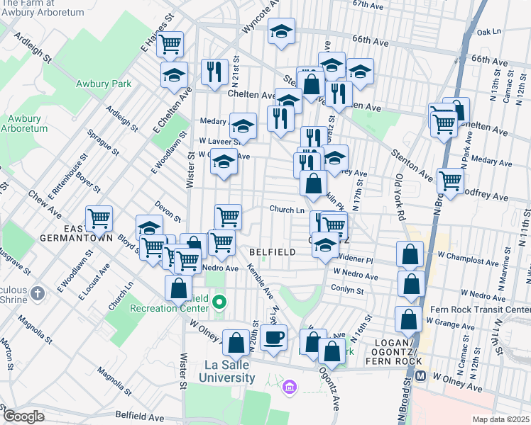 map of restaurants, bars, coffee shops, grocery stores, and more near 1964 West Spencer Street in Philadelphia