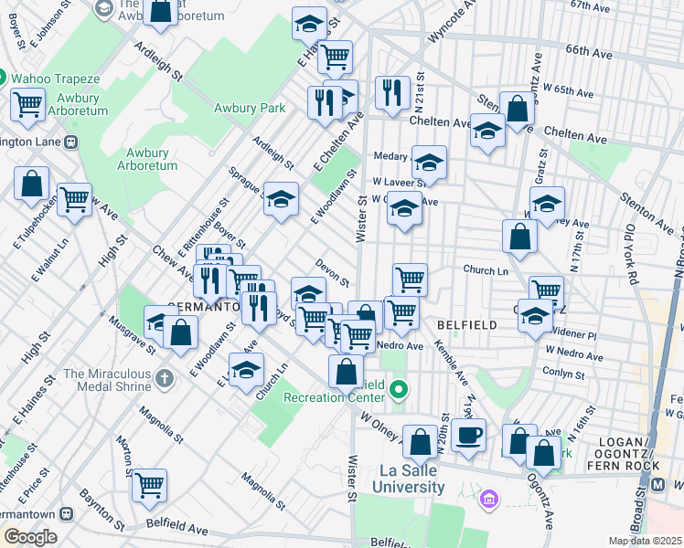 map of restaurants, bars, coffee shops, grocery stores, and more near 5525 Devon Street in Philadelphia