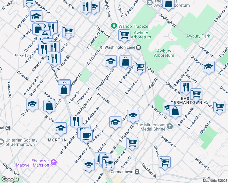 map of restaurants, bars, coffee shops, grocery stores, and more near 6218 Homer Street in Philadelphia