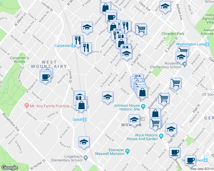 map of restaurants, bars, coffee shops, grocery stores, and more near 117 West Weaver Street in Philadelphia