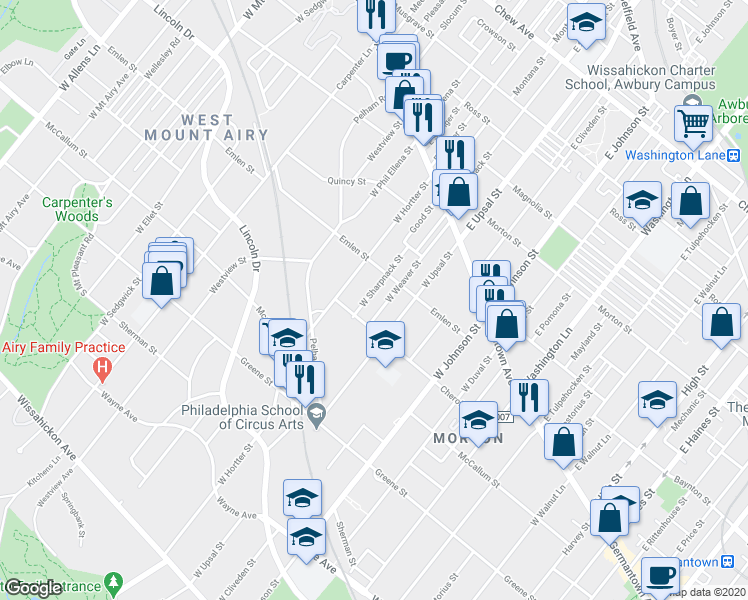 map of restaurants, bars, coffee shops, grocery stores, and more near 222 West Hortter Street in Philadelphia