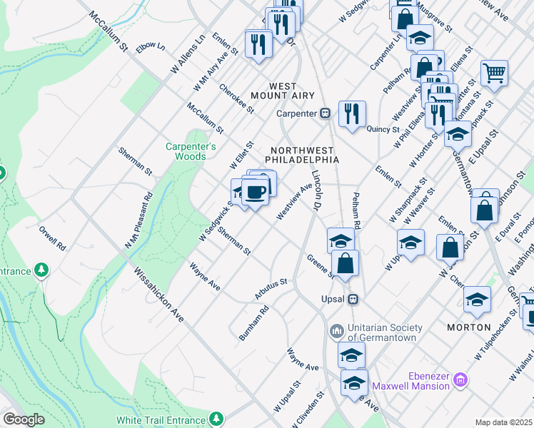 map of restaurants, bars, coffee shops, grocery stores, and more near 6815 Greene Street in Philadelphia