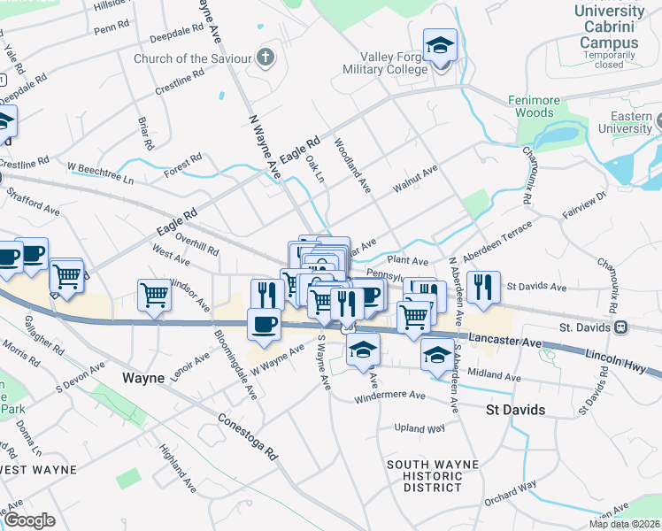 map of restaurants, bars, coffee shops, grocery stores, and more near 109 Poplar Avenue in Wayne