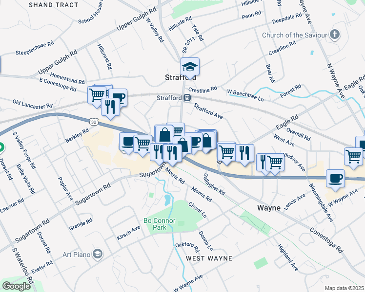 map of restaurants, bars, coffee shops, grocery stores, and more near 35 Old Eagle School Road in Wayne