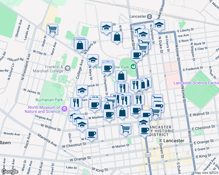 map of restaurants, bars, coffee shops, grocery stores, and more near 614 North Charlotte Street in Lancaster