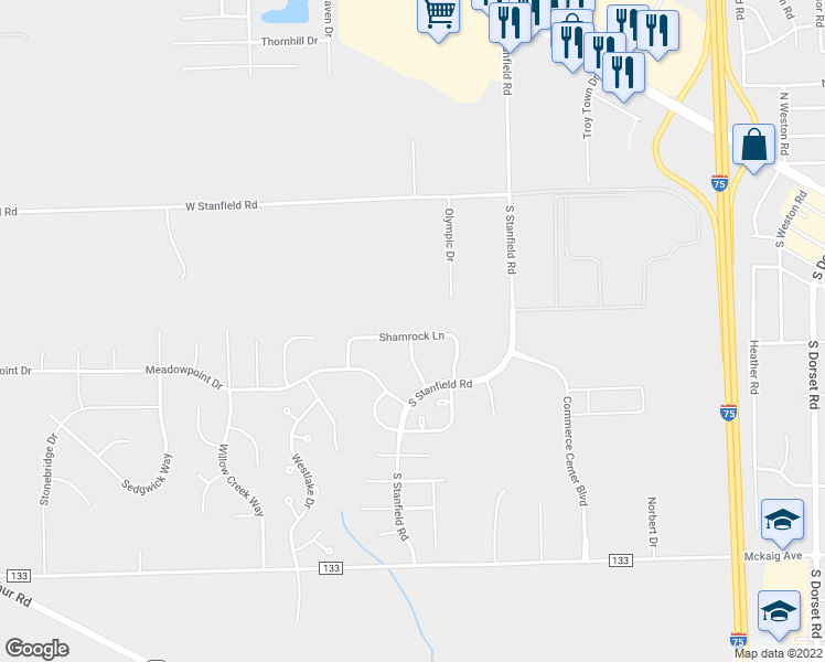 map of restaurants, bars, coffee shops, grocery stores, and more near 2257D Shamrock Lane in Troy