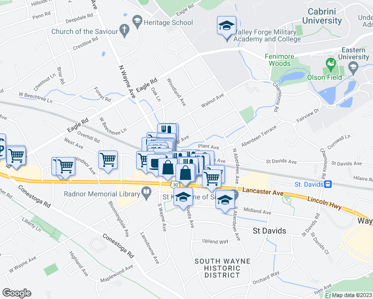 map of restaurants, bars, coffee shops, grocery stores, and more near 103 Plant Avenue in Wayne