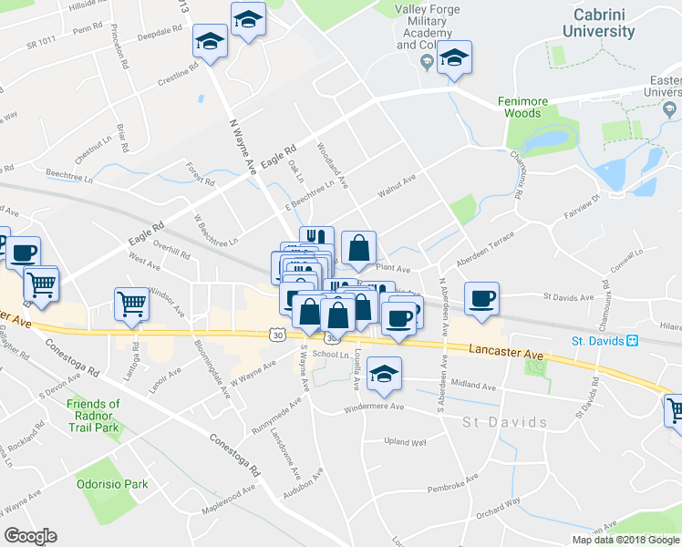 map of restaurants, bars, coffee shops, grocery stores, and more near 19 Pennsylvania Avenue in Wayne