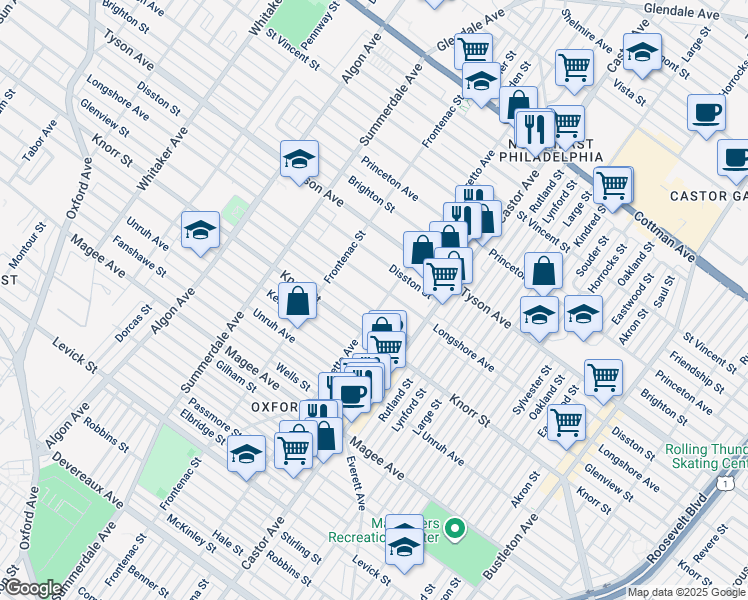 map of restaurants, bars, coffee shops, grocery stores, and more near 6822 Loretto Ave in Philadelphia