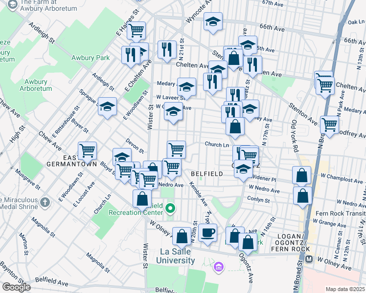 map of restaurants, bars, coffee shops, grocery stores, and more near 2035 Church Lane in Philadelphia