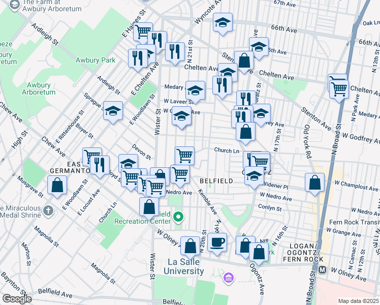 map of restaurants, bars, coffee shops, grocery stores, and more near 2037 Church Lane in Philadelphia