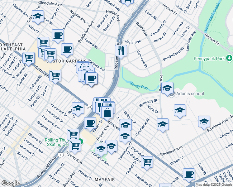 map of restaurants, bars, coffee shops, grocery stores, and more near 7409 Roosevelt Boulevard in Philadelphia