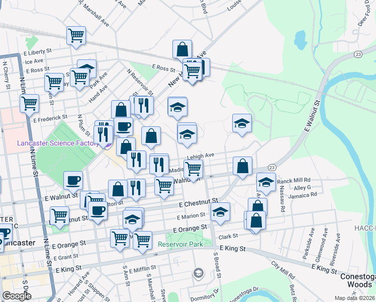 map of restaurants, bars, coffee shops, grocery stores, and more near 401 North Reservoir Street in Lancaster