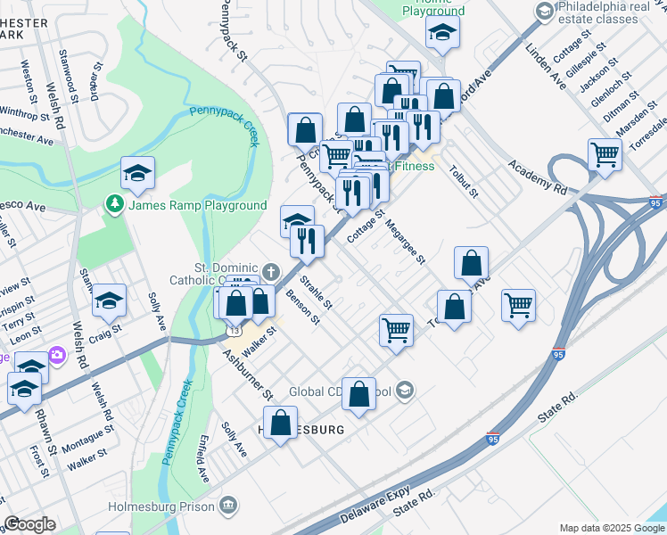 map of restaurants, bars, coffee shops, grocery stores, and more near 4435 Kendrick Street in Philadelphia