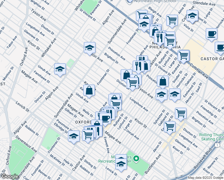 map of restaurants, bars, coffee shops, grocery stores, and more near 6822 Loretto Ave in Philadelphia