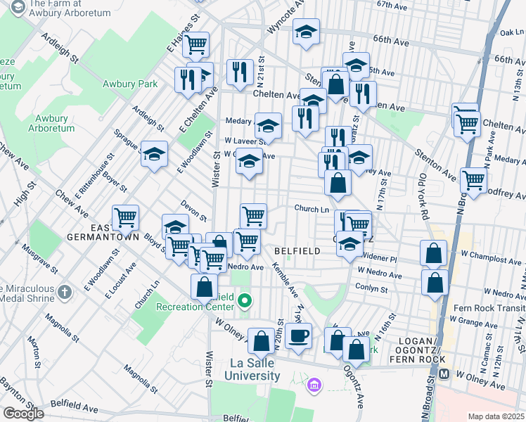 map of restaurants, bars, coffee shops, grocery stores, and more near 2035 Church Lane in Philadelphia