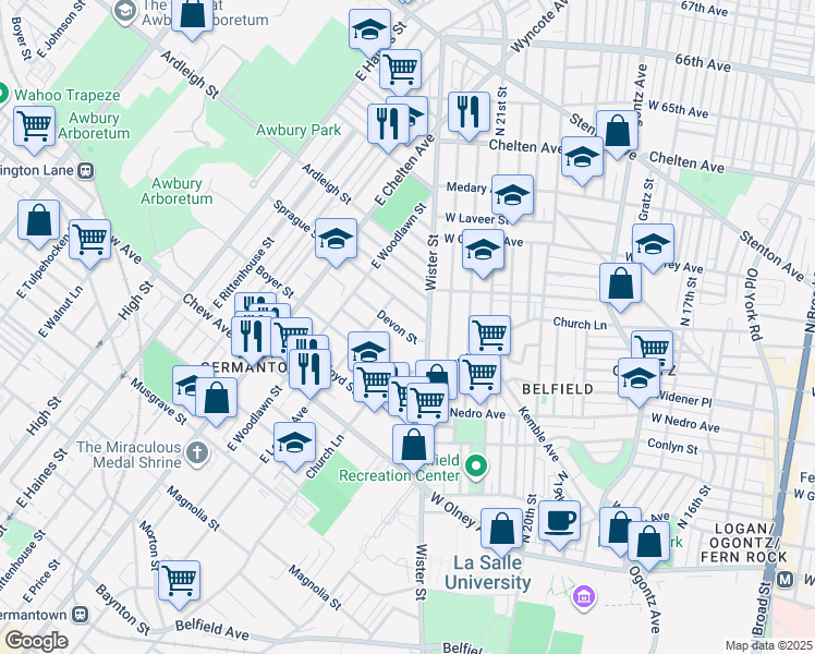 map of restaurants, bars, coffee shops, grocery stores, and more near 5527 Devon Street in Philadelphia