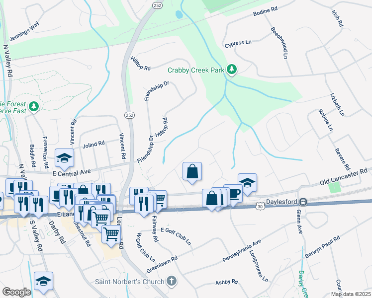 map of restaurants, bars, coffee shops, grocery stores, and more near 1633 Maple Avenue in Paoli