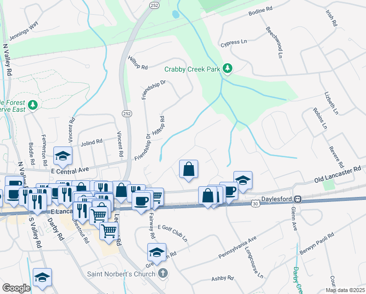 map of restaurants, bars, coffee shops, grocery stores, and more near 1633 Maple Avenue in Paoli